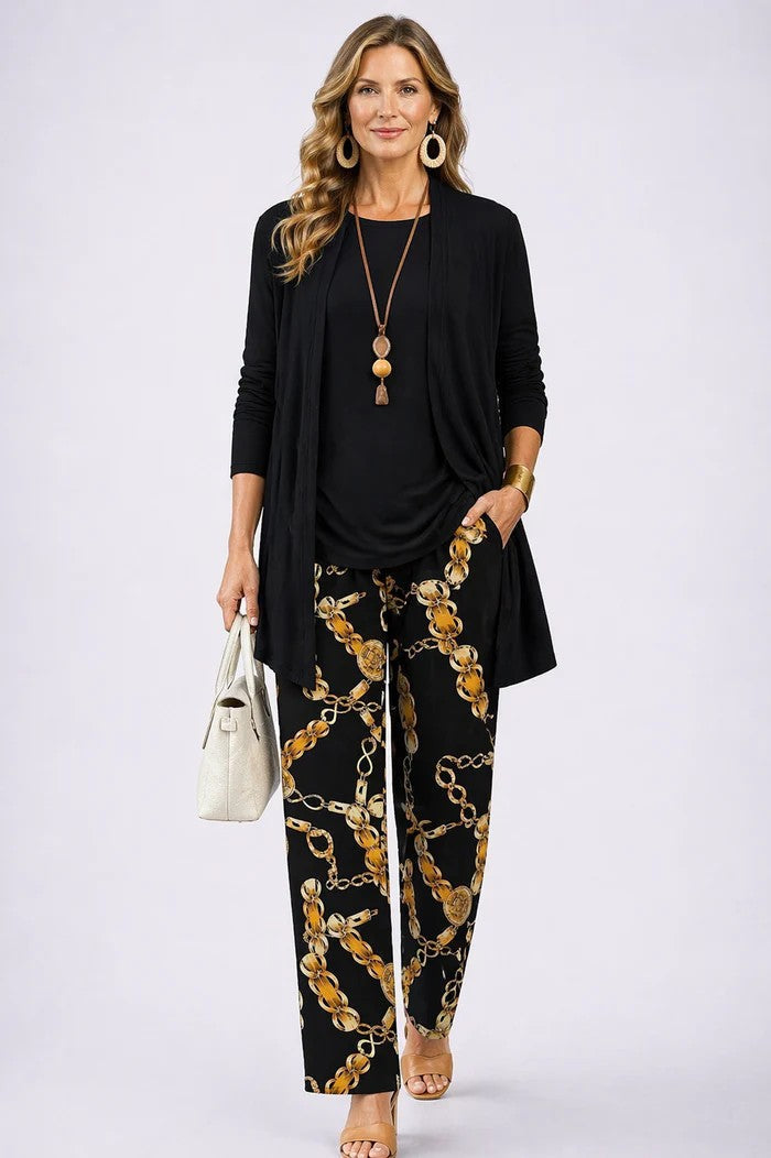 Vivienne printed open front cardigan three-piece set in mauve floral print, front view
