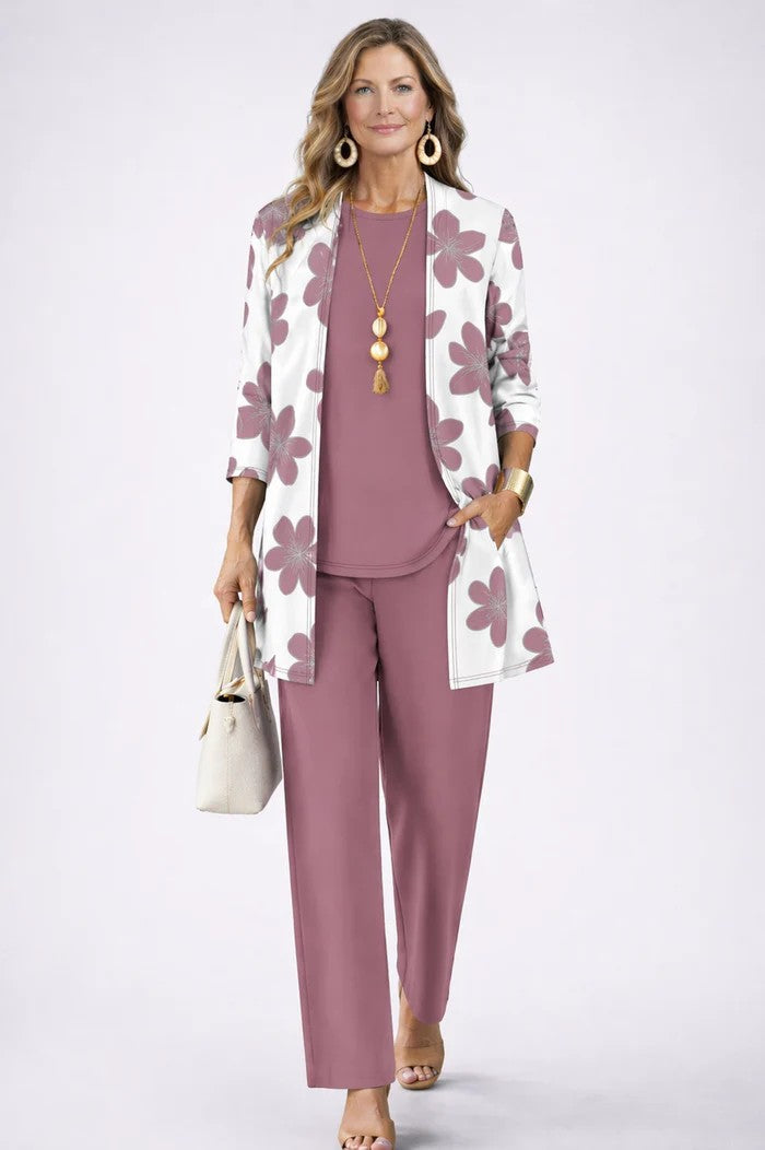 Vivienne printed open front cardigan three-piece set in mauve floral print, front view
