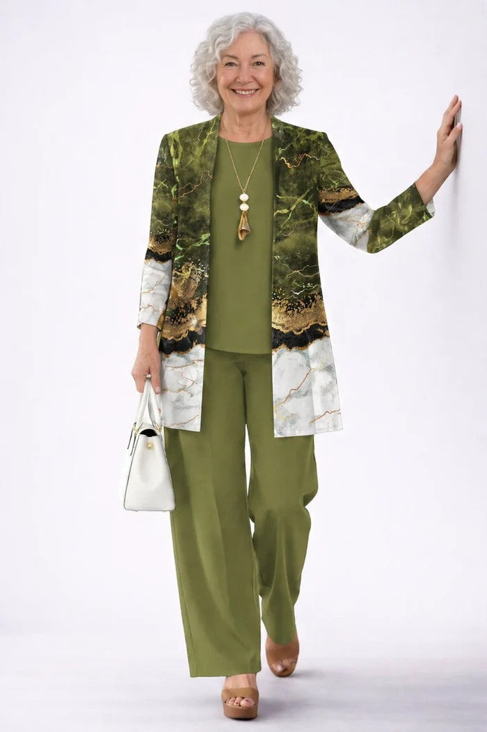Vivienne printed open front cardigan three-piece set in mauve floral print, front view