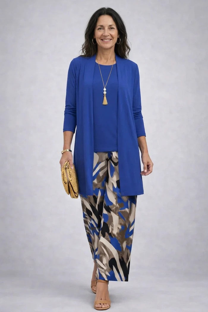 Vivienne printed open front cardigan three-piece set in blue abstract print, front view