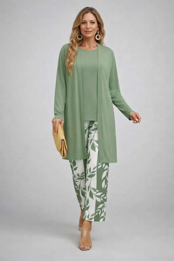 Vivienne solid cardigan three-piece set in sage green with floral print pants, front view