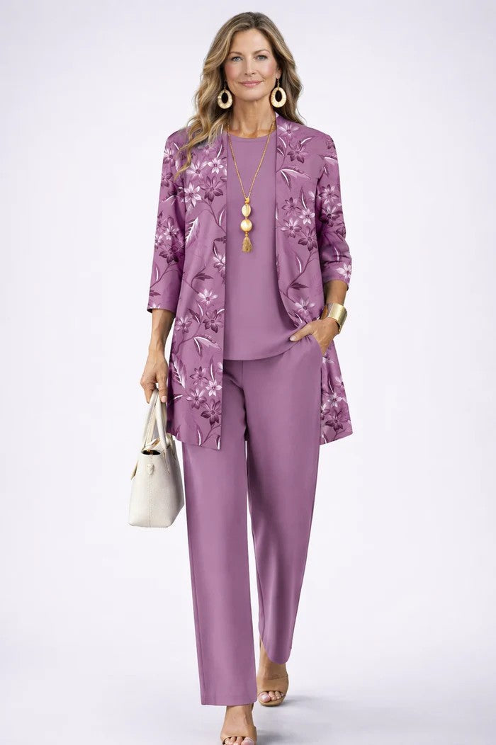Vivienne printed open front cardigan three-piece set in mauve floral print, front view
