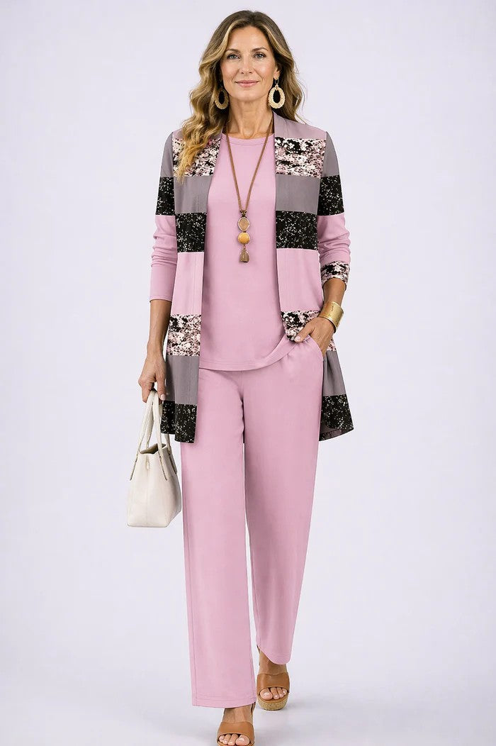 Vivienne printed open front cardigan three-piece set in mauve floral print, front view