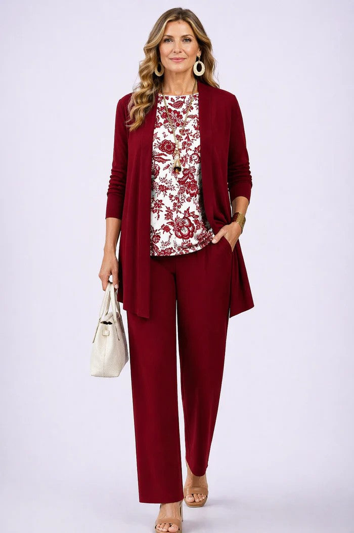 Vivienne printed open front cardigan three-piece set in mauve floral print, front view