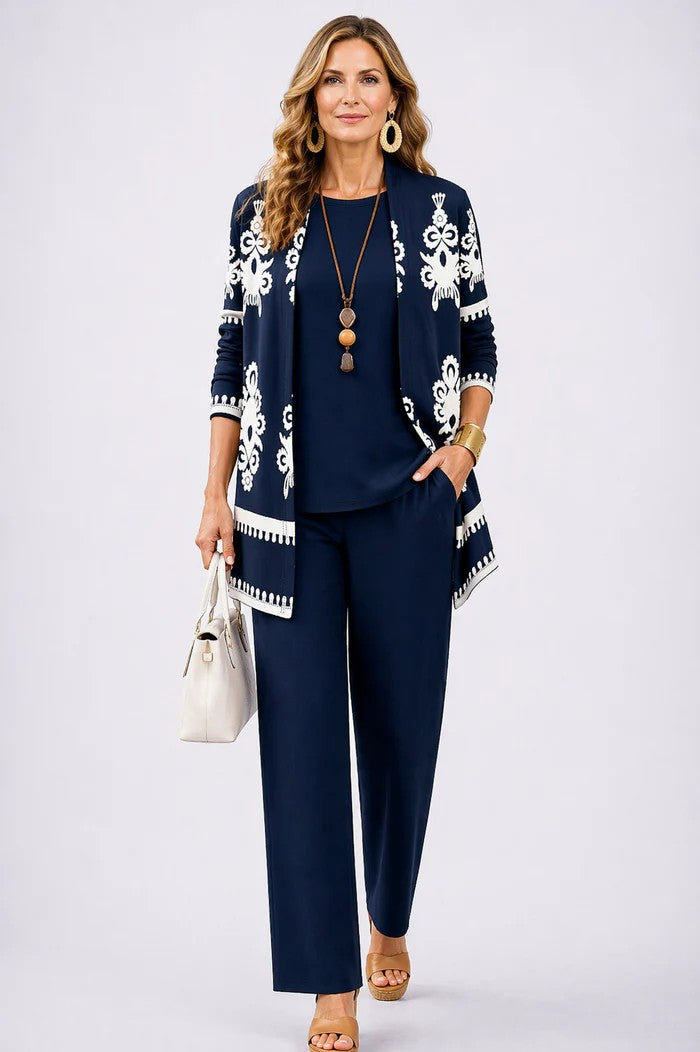 Vivienne printed open front cardigan three-piece set in mauve floral print, front view