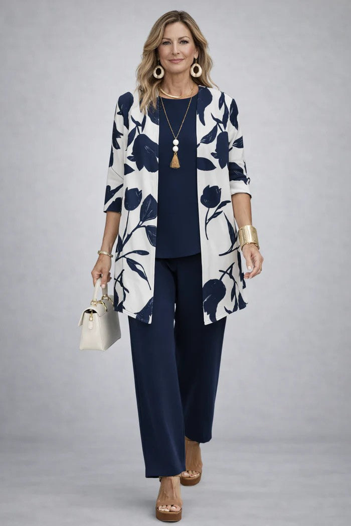 Vivienne printed open front cardigan three-piece set in mauve floral print, front view