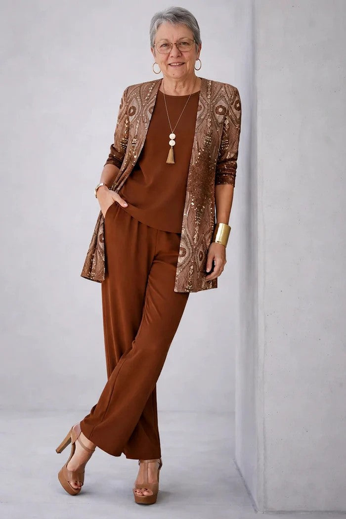 Vivienne printed open front cardigan three-piece set in mauve floral print, front view
