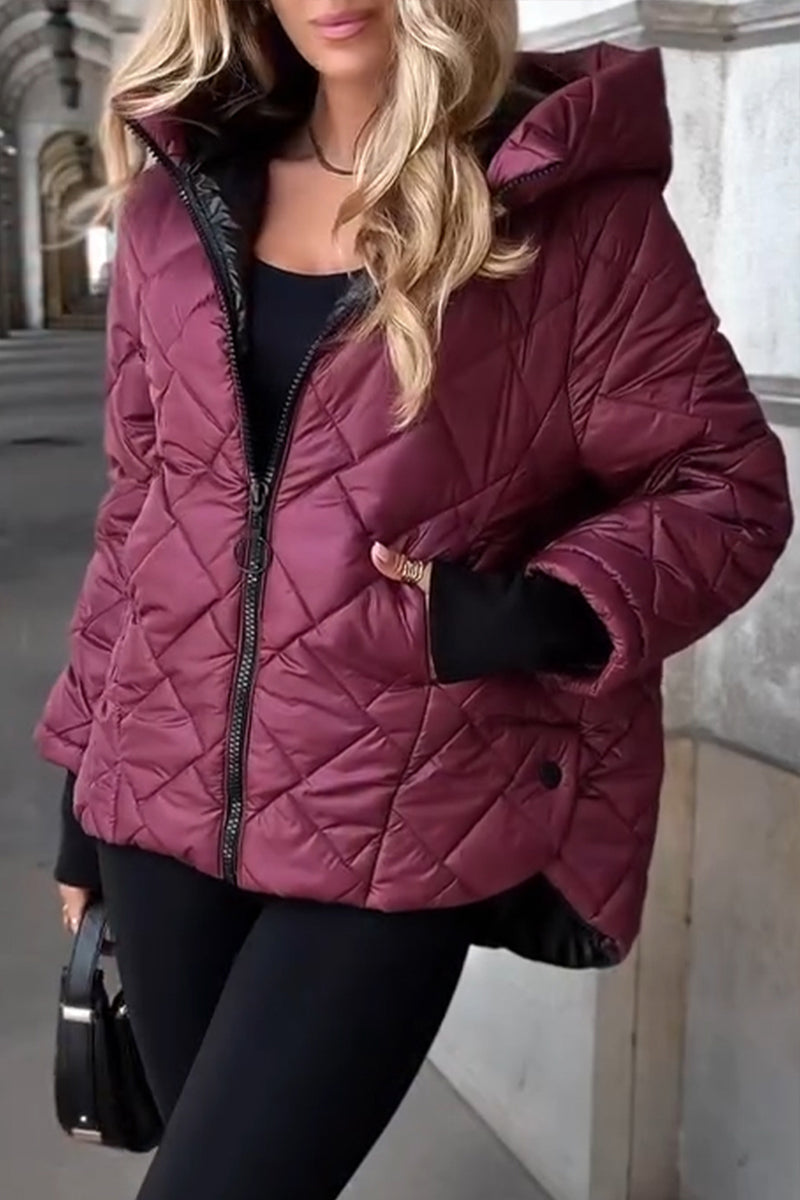 Vivienne quilted hooded puffer jacket in burgundy, full front view with hands in pockets