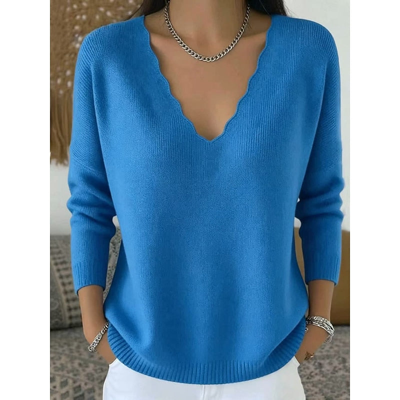 Vivienne scalloped V-neck sweater in royal blue, front view