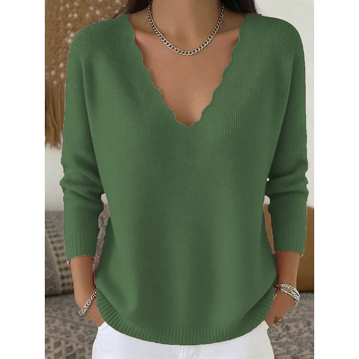 Vivienne scalloped V-neck sweater in military green, front view