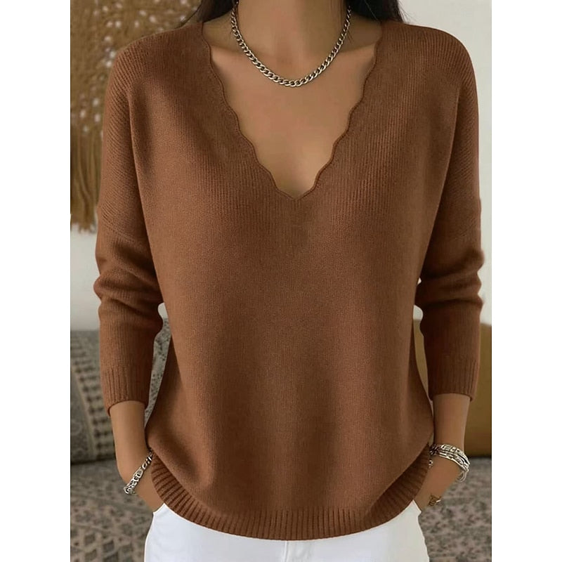 Vivienne scalloped V-neck sweater in apricot, front view
