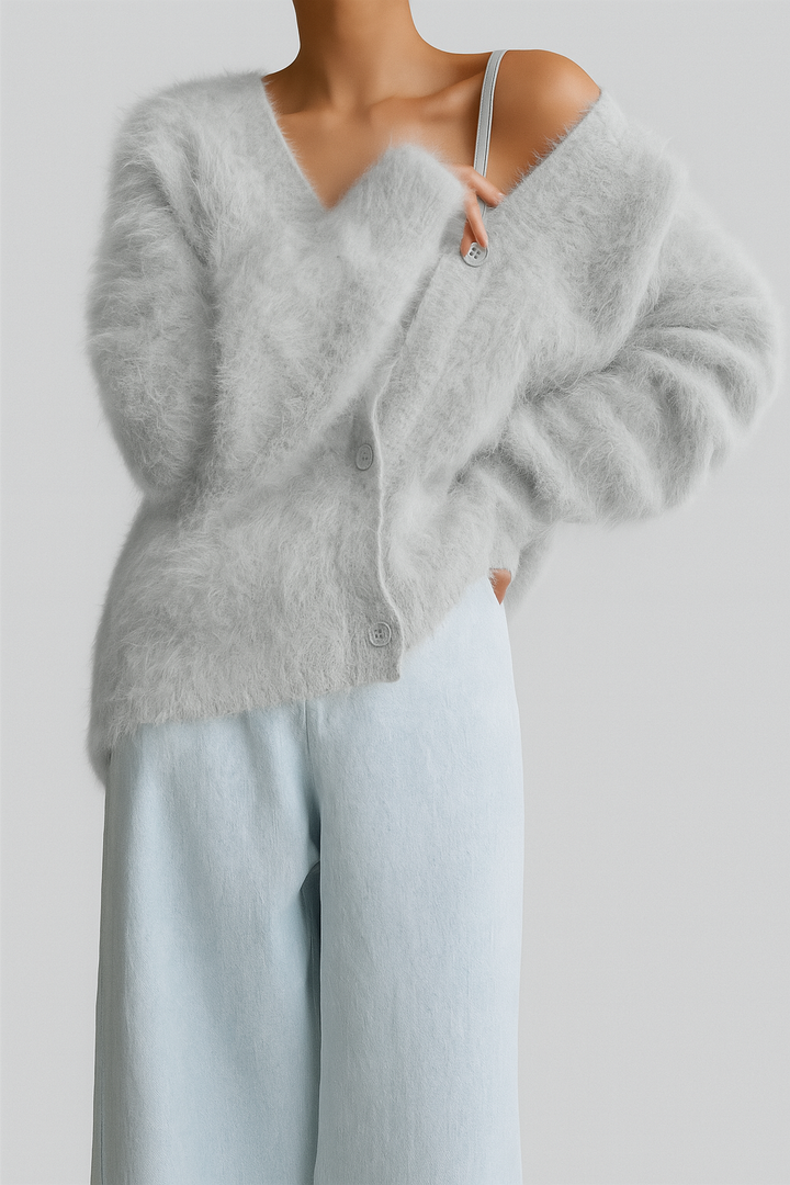Vivienne fuzzy V-neck button down cardigan, close-up front view in light grey