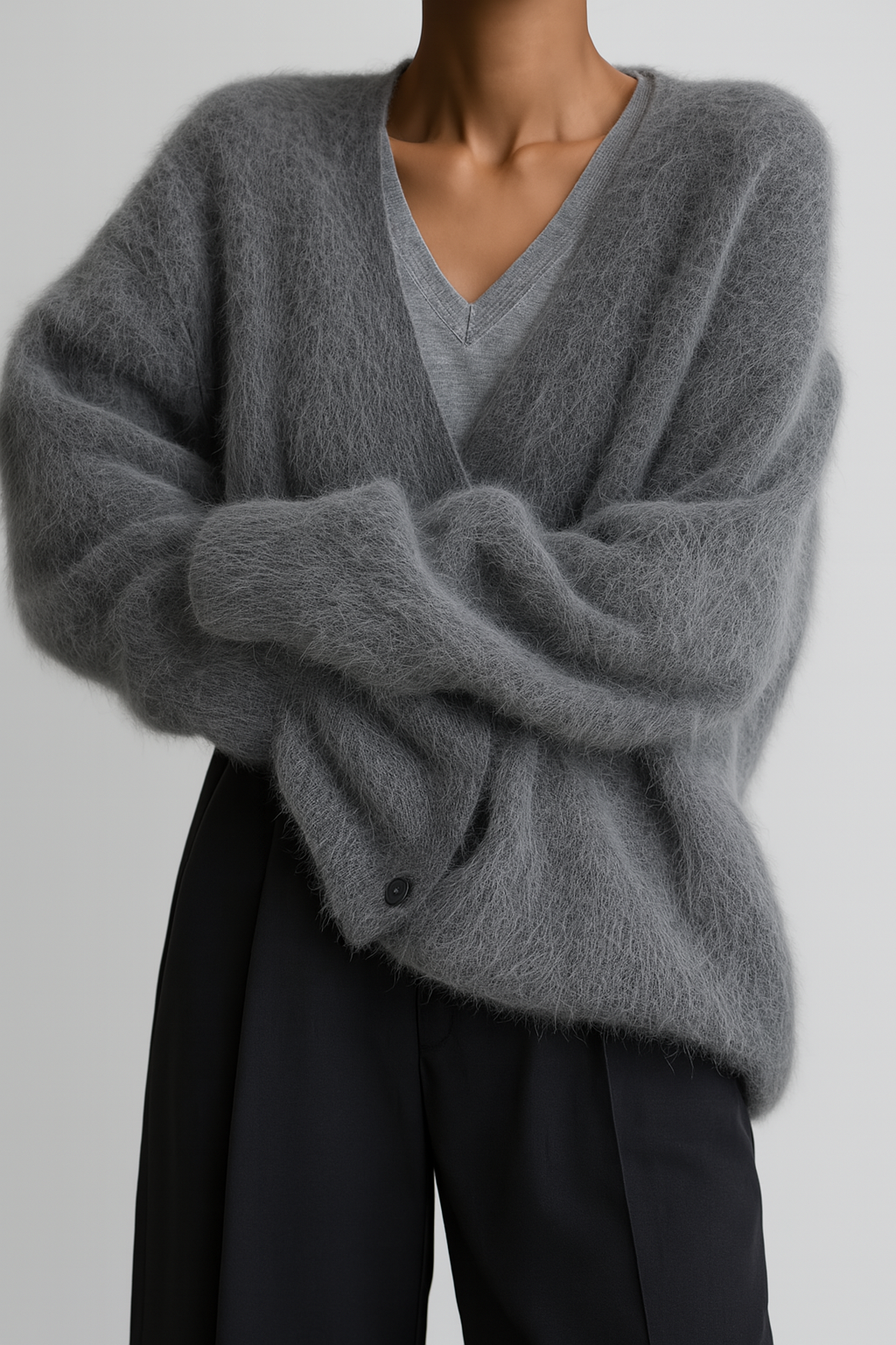 Vivienne fuzzy V-neck cardigan with arms crossed, close-up front view in charcoal grey