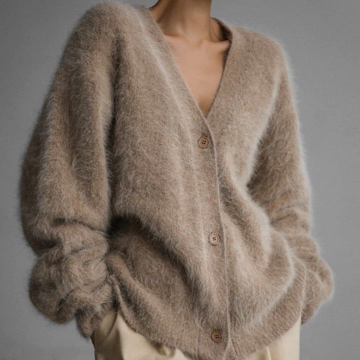 Vivienne fuzzy V-neck button down cardigan, front view in taupe