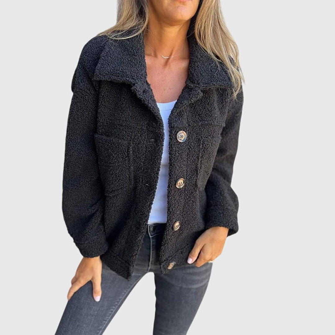 Whitley black button-front sherpa fleece jacket, front view open