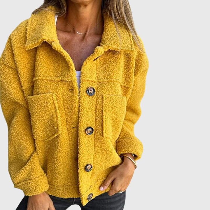Whitley yellow sherpa fleece jacket with chest pockets, front view