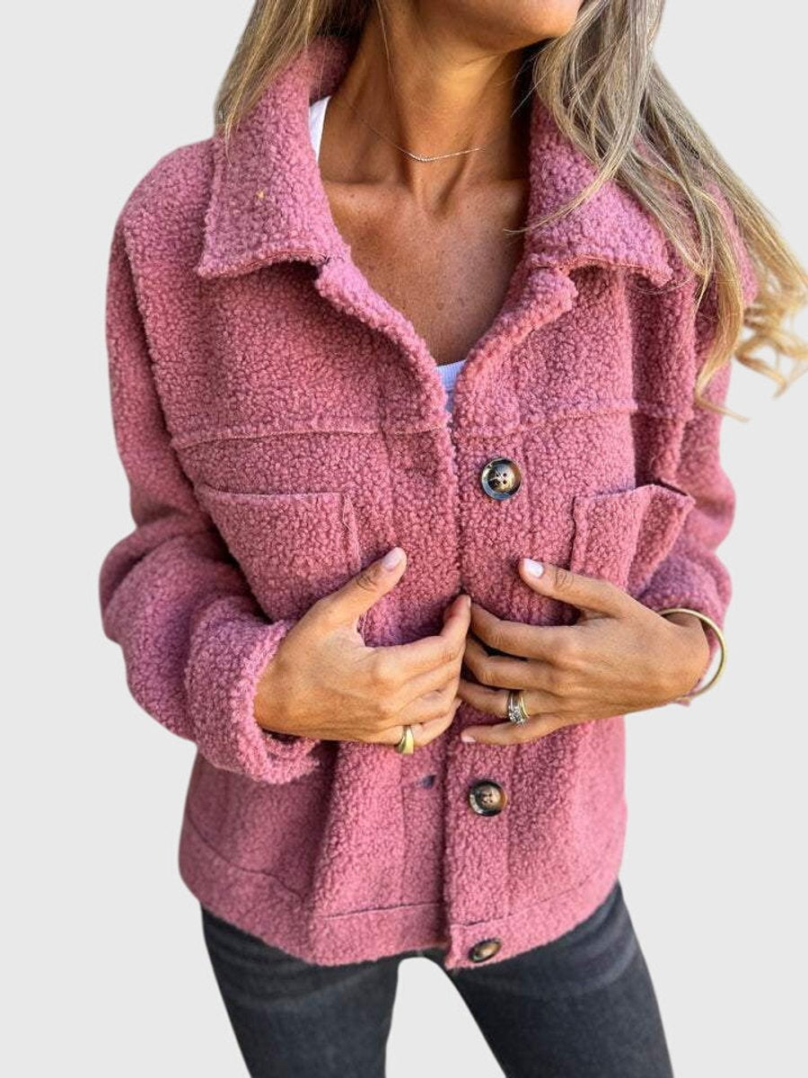 Whitley pink sherpa fleece jacket, close front view