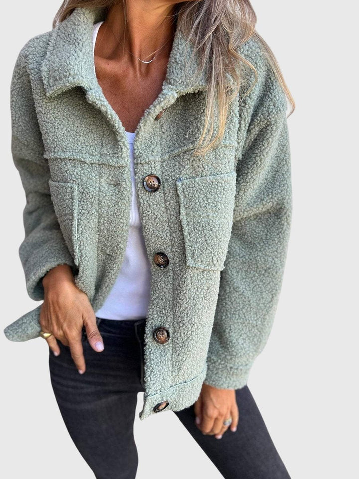 Whitley green sherpa fleece jacket, close front view