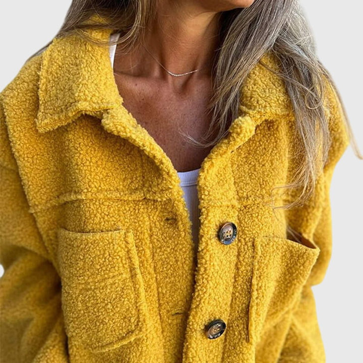 Whitley yellow sherpa fleece jacket, collar and pocket detail