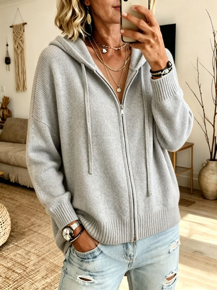 Wilhelmina black oversized hooded zip cardigan, front view