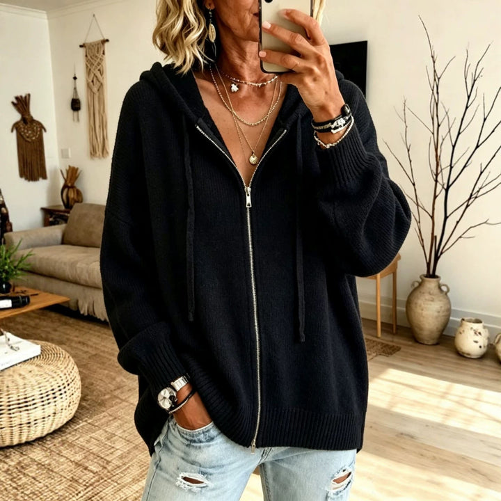 Wilhelmina black oversized hooded zip cardigan, front view
