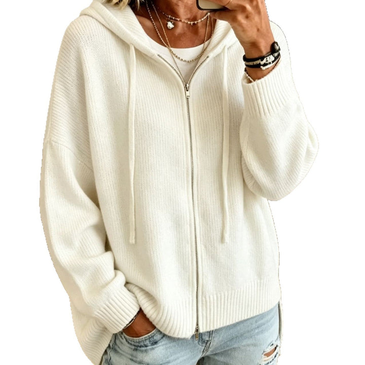 Wilhelmina black oversized hooded zip cardigan, front view