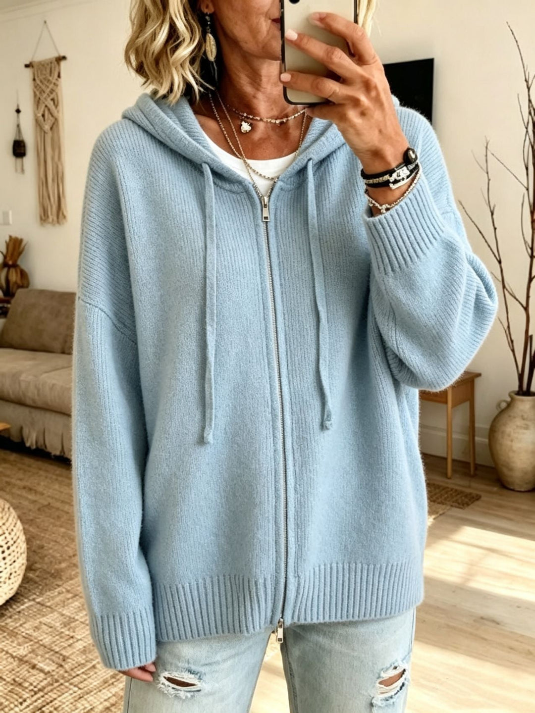 Wilhelmina black oversized hooded zip cardigan, front view