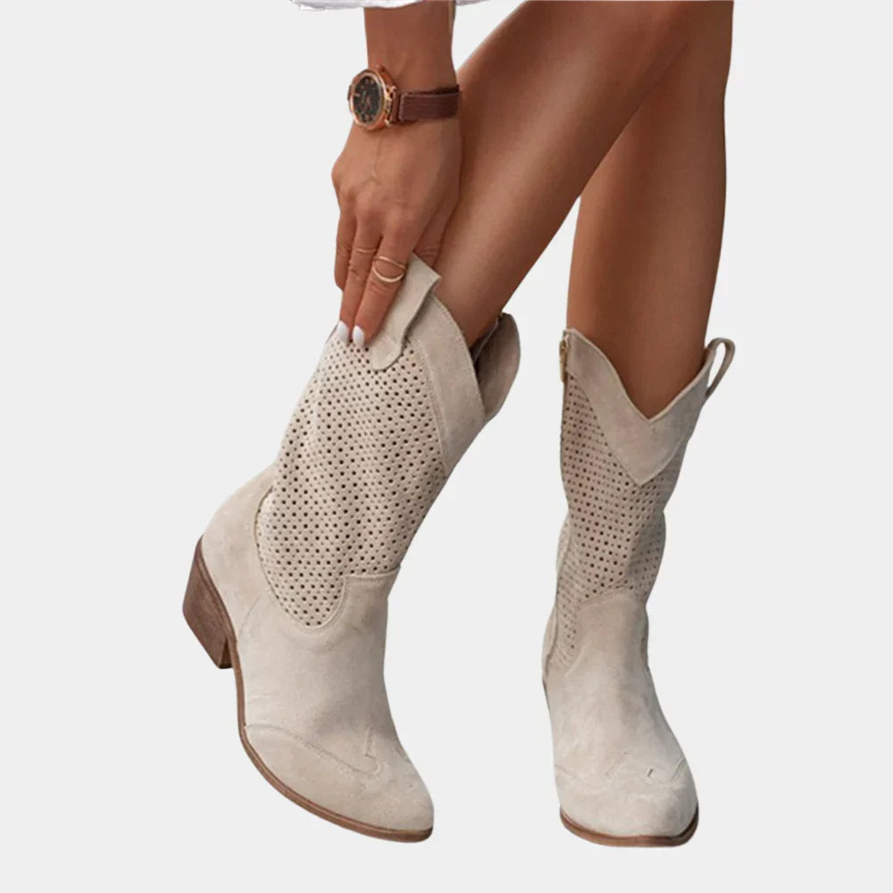 Wilhelmina perforated cowboy boots in beige, front view on model