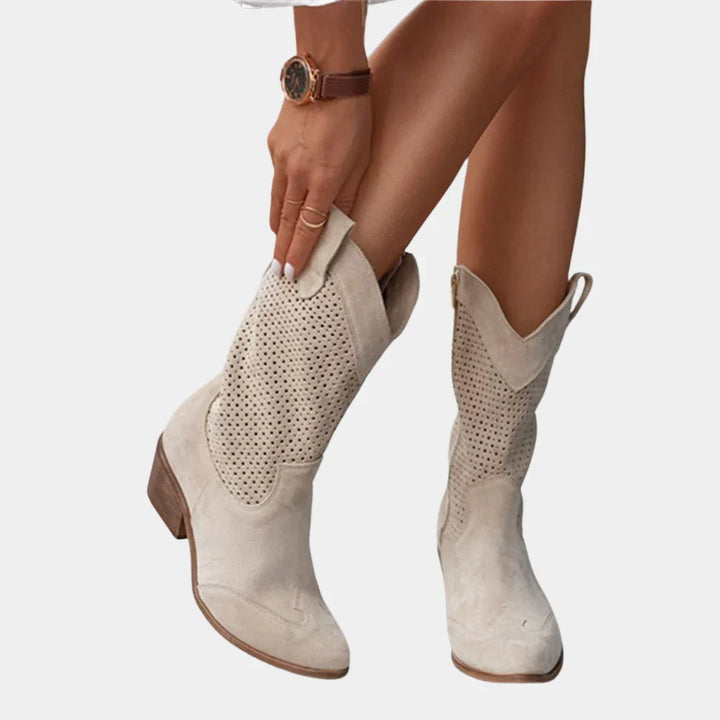 Wilhelmina perforated cowboy boots in beige, front view on model