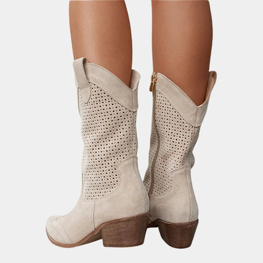 Wilhelmina perforated cowboy boots in beige, back view on model