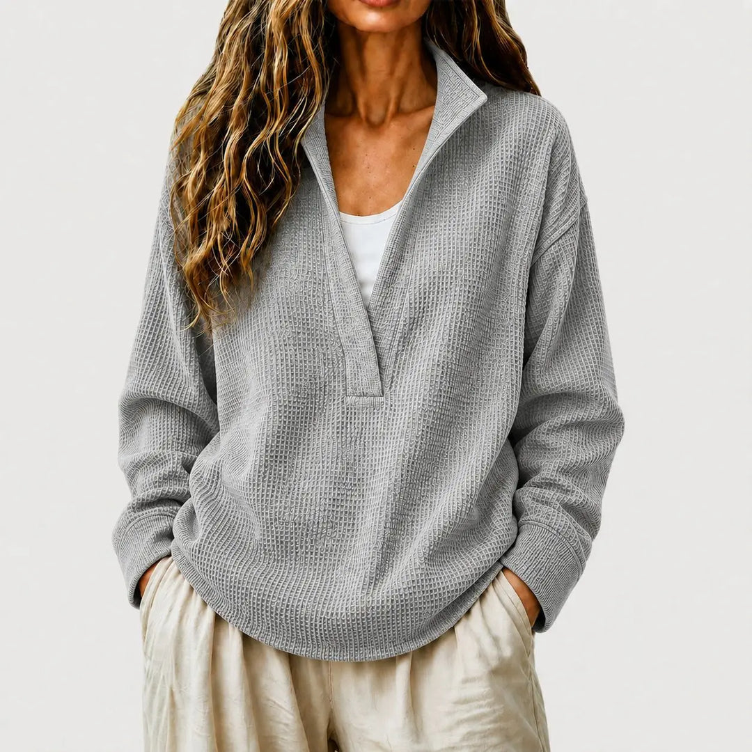 Wilhelmina split collar pullover sweater in gray, front view