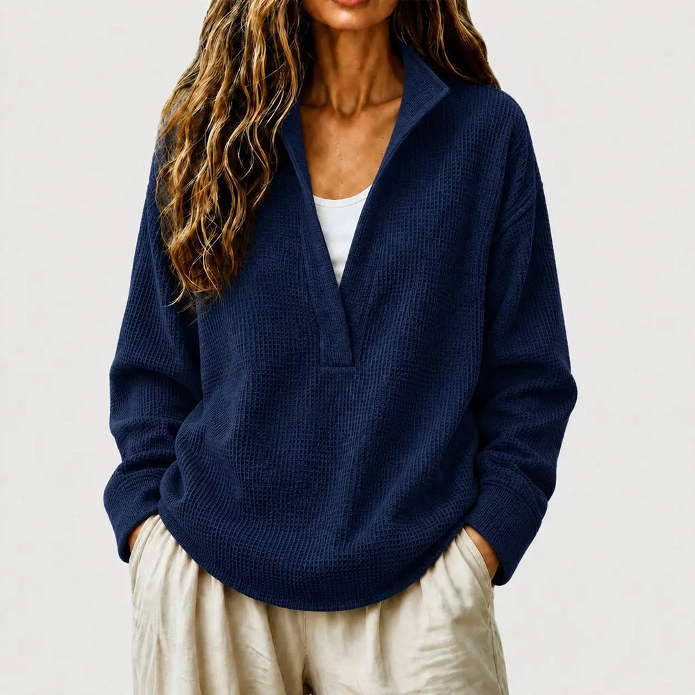 Wilhelmina split collar pullover sweater in navy blue, front view