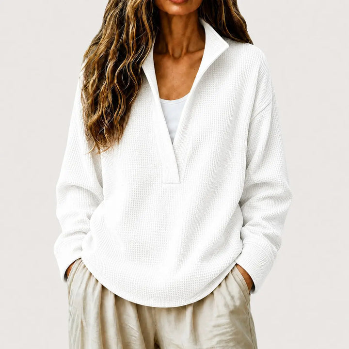 Wilhelmina split collar pullover sweater in white, front view