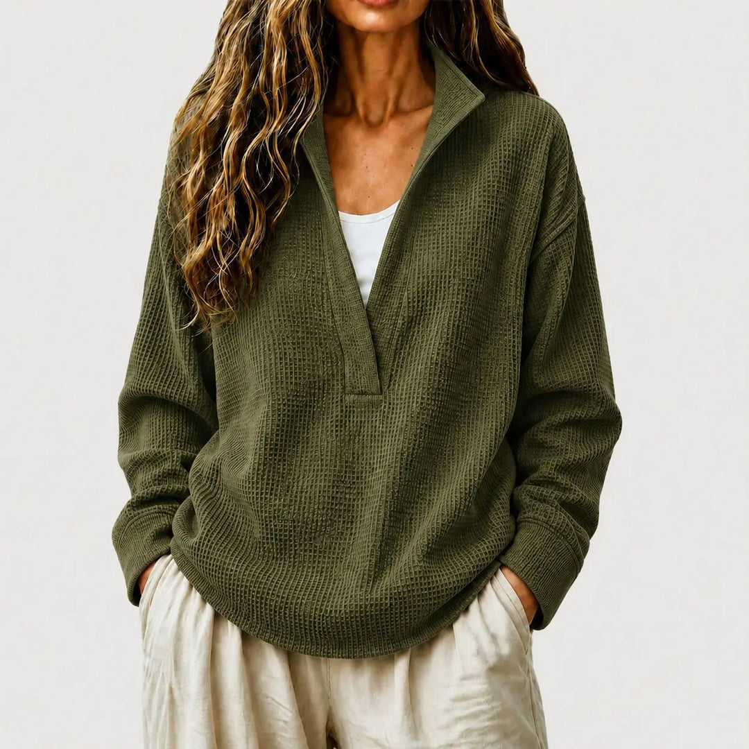 Wilhelmina split collar pullover sweater in red, front view