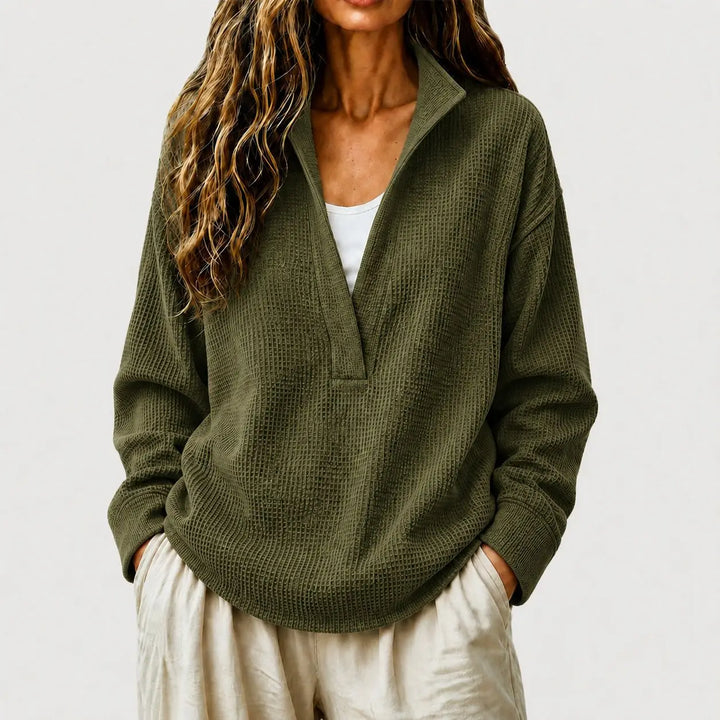 Wilhelmina split collar pullover sweater in red, front view