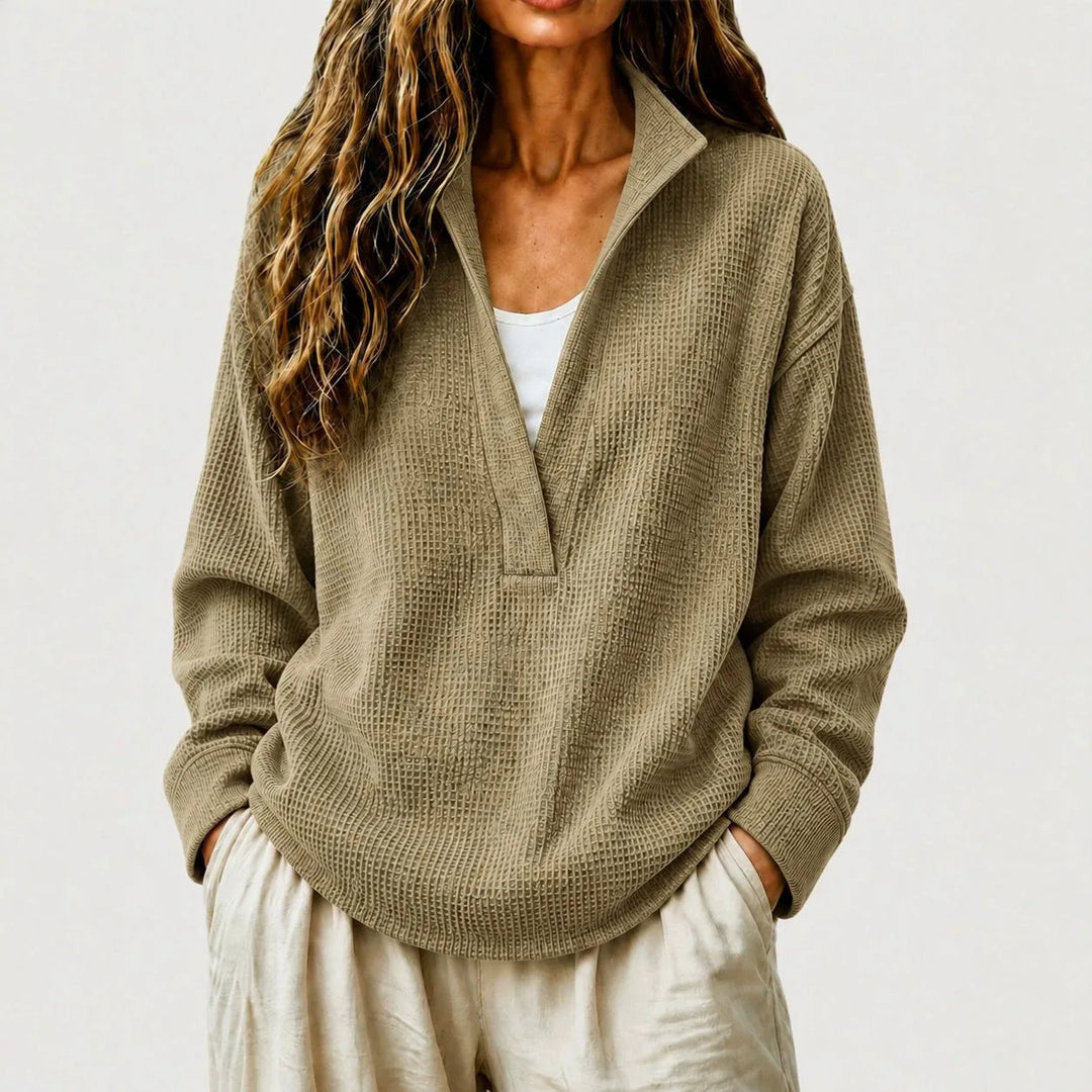 Wilhelmina split collar pullover sweater in red, front view