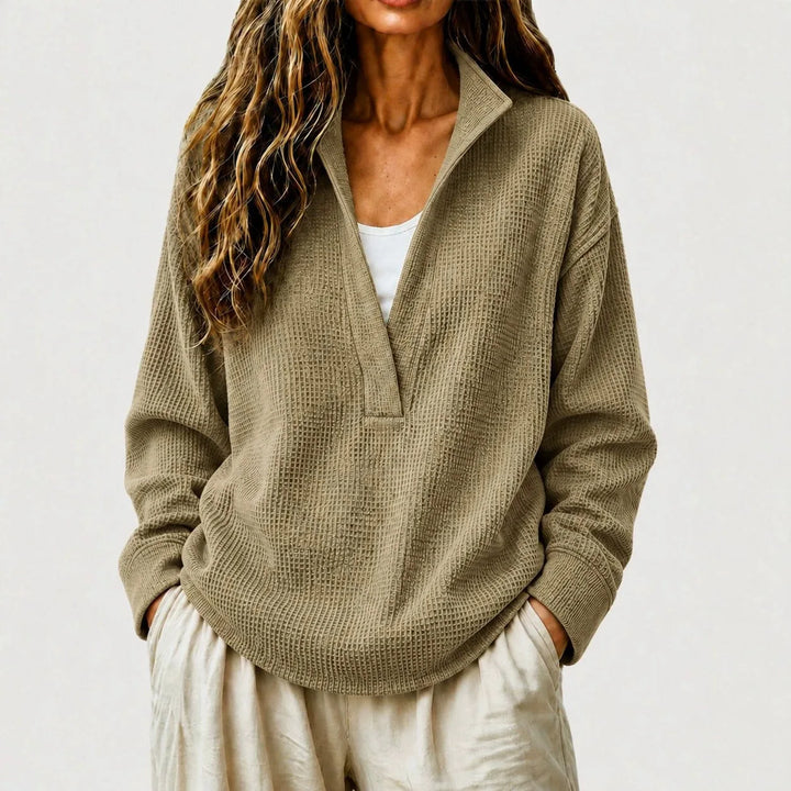 Wilhelmina split collar pullover sweater in red, front view