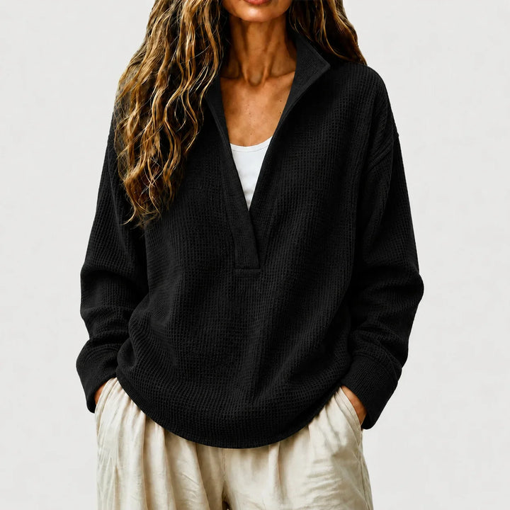 Wilhelmina split collar pullover sweater in red, front view