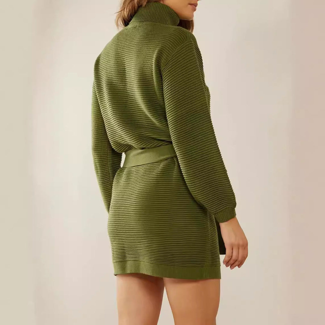 Wilhelmina knit mini dress back view showing turtleneck and belt