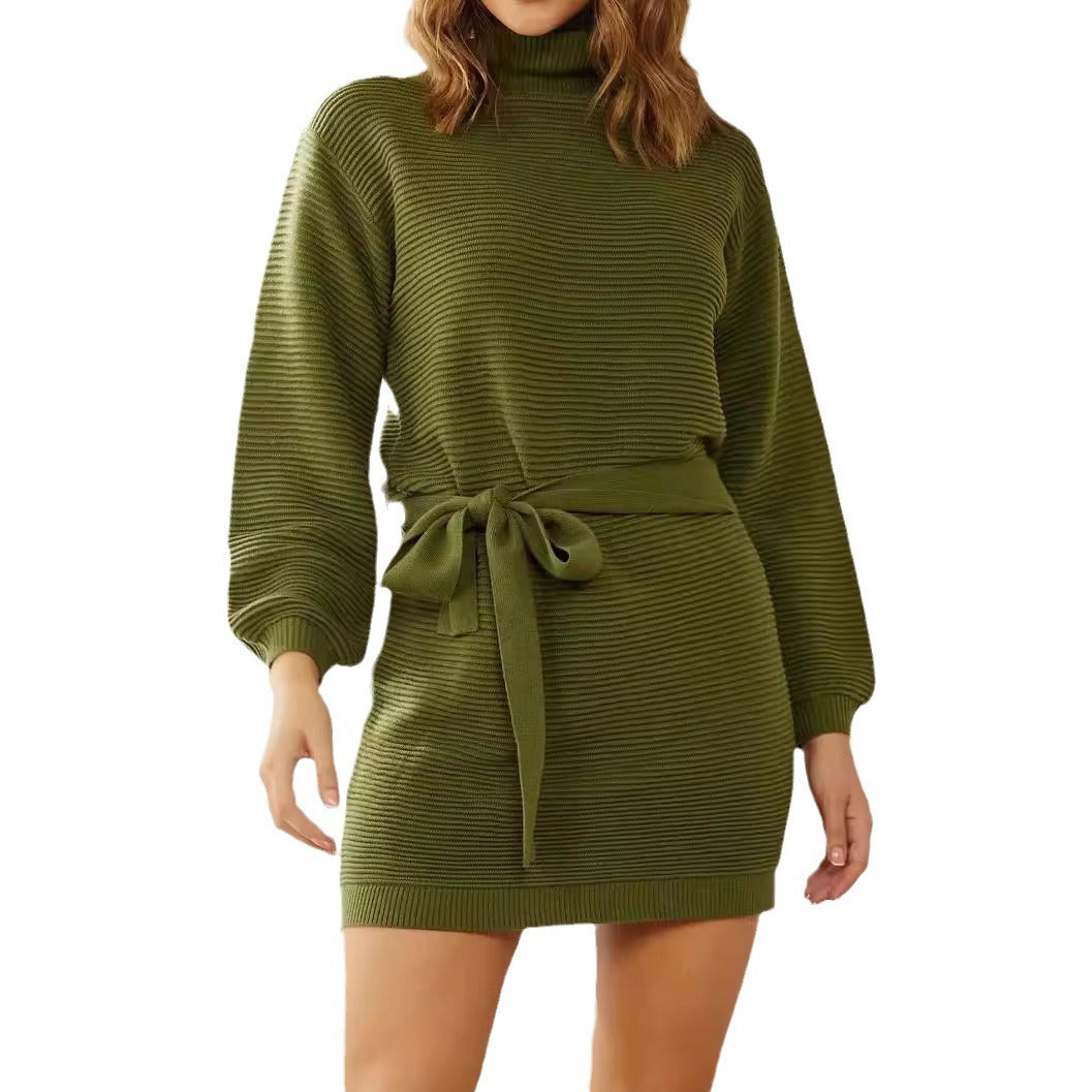 Wilhelmina belted turtleneck mini dress, full front view