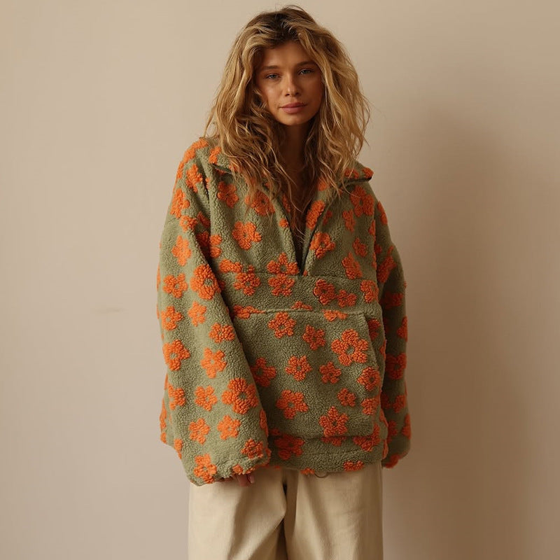 Willa orange floral fleece pullover, front view