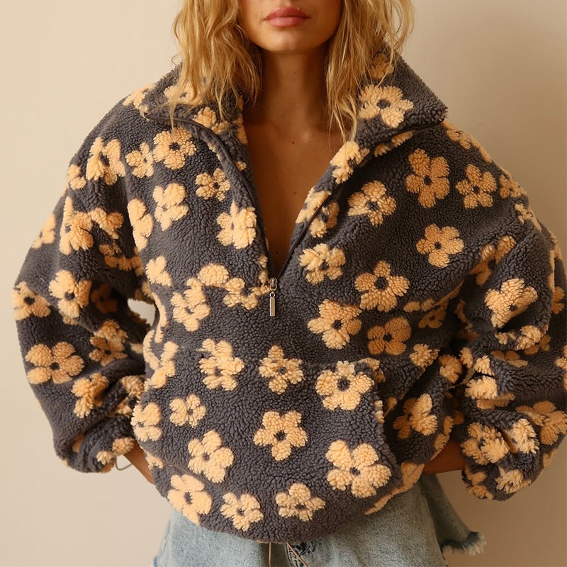 Willa floral fleece pullover, close-up front detail
