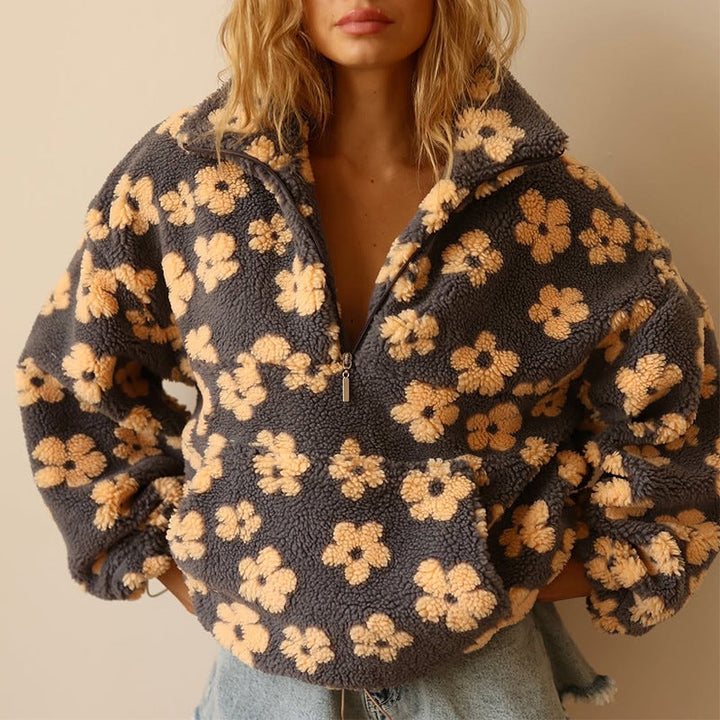 Willa floral fleece pullover, close-up front detail