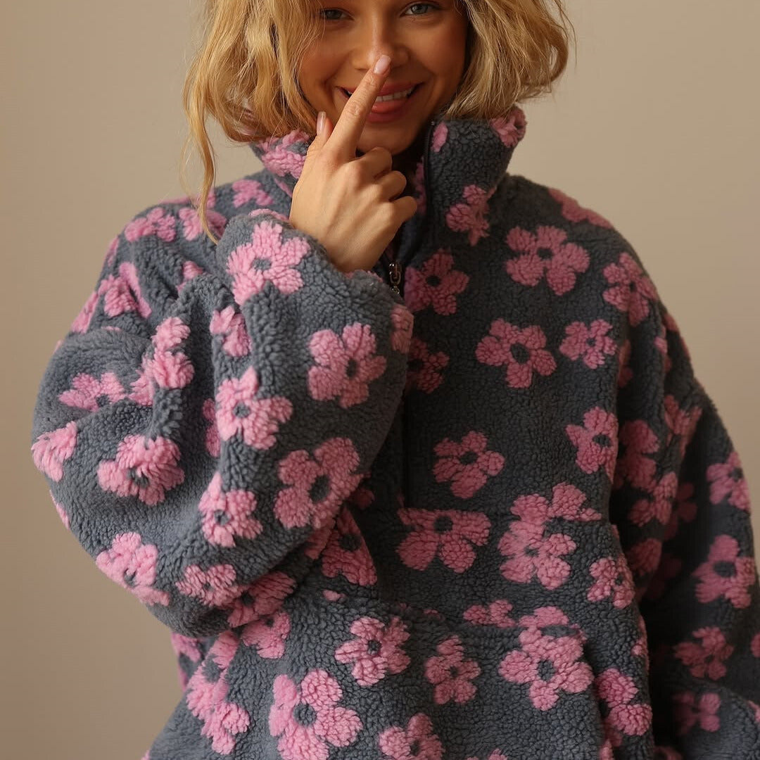 Willa pink floral fleece pullover, close-up collar detail