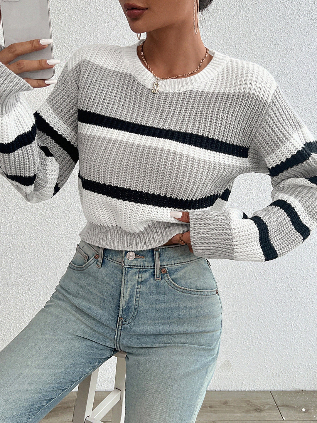 Willow gray striped crew neck sweater with black stripes, close-up front view