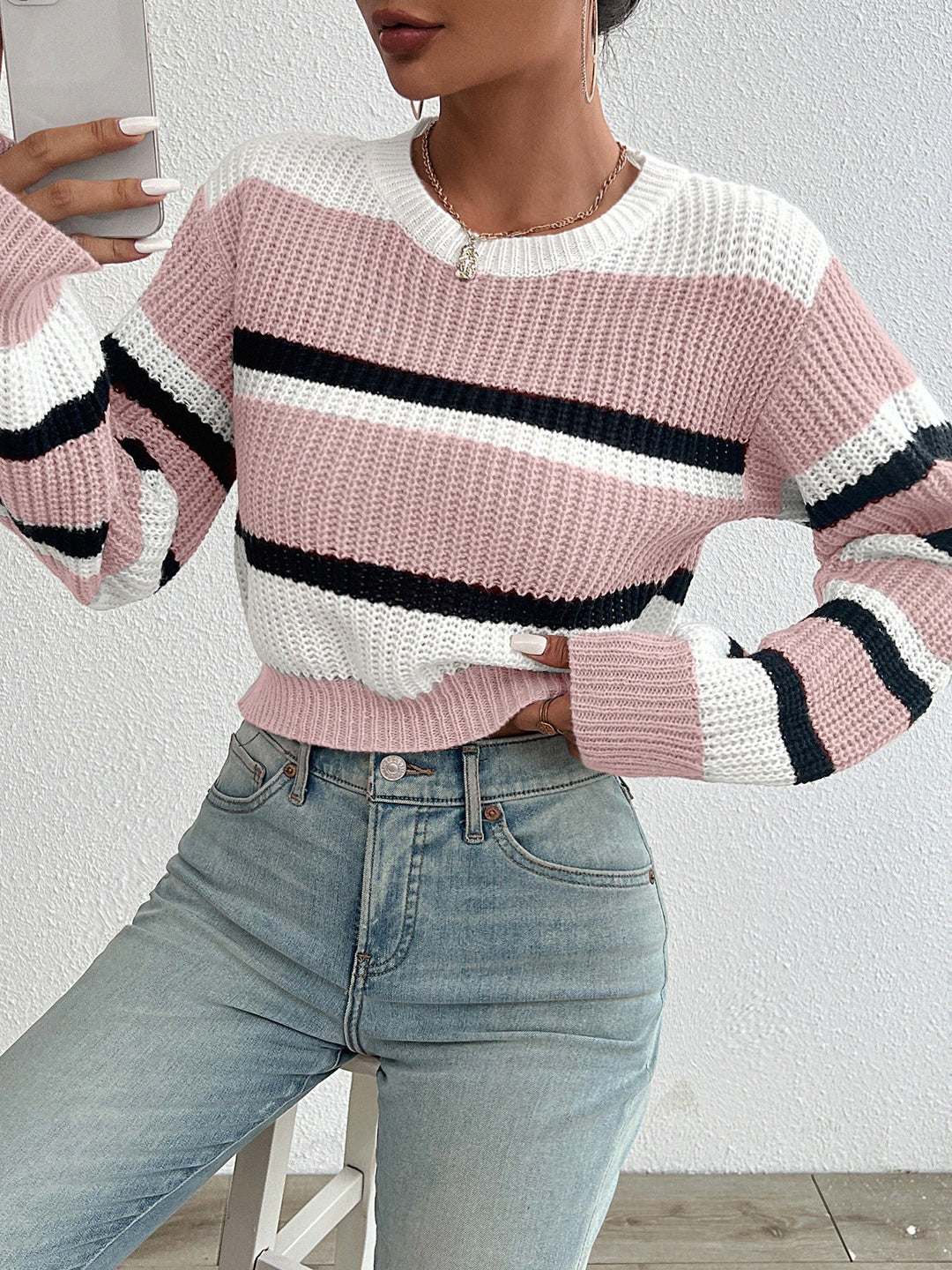Willow pink striped crew neck sweater, front view