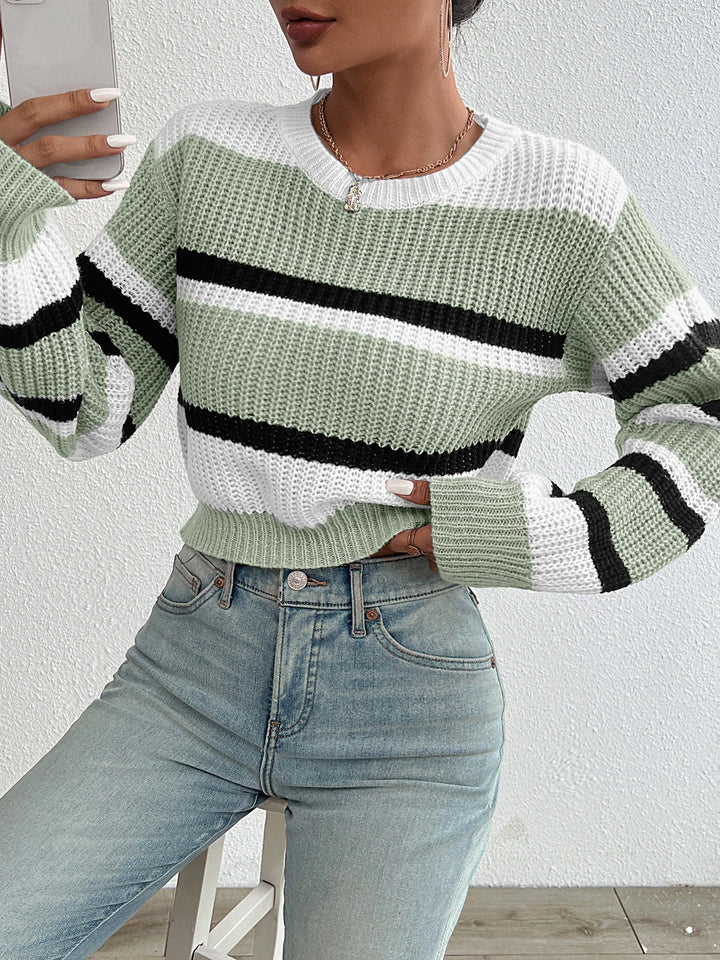 Willow green striped crew neck sweater, front view