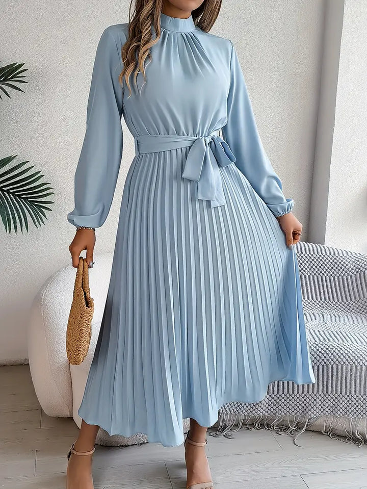 Winifred long sleeve pleated midi dress in light blue, front view