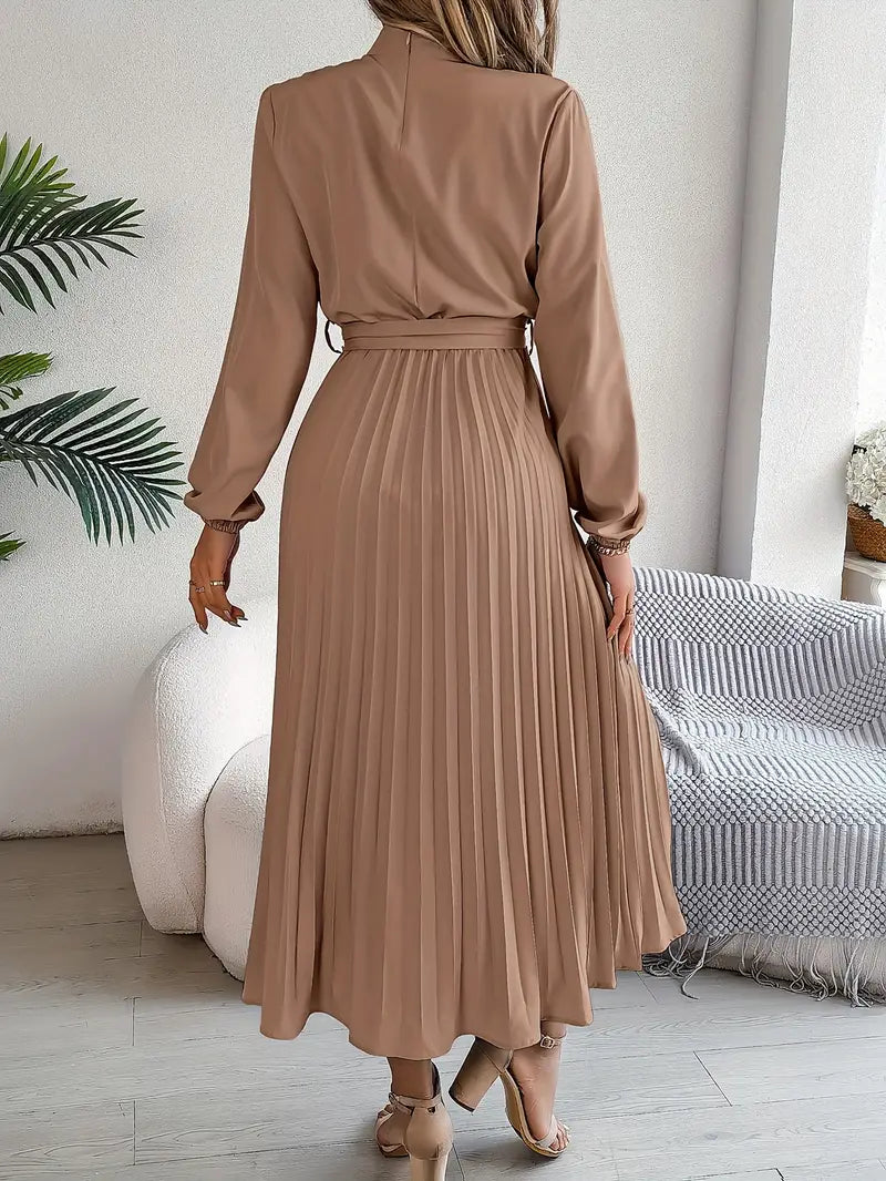 Winifred long sleeve pleated midi dress in khaki, back view