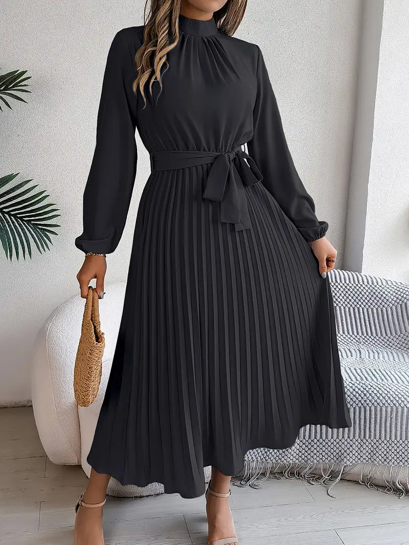 Winifred long sleeve pleated midi dress in black, front view